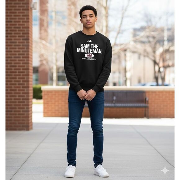 Adidas NWT Premium Vintage UMass Minuteman NCAA Crew Black Large - Picture 3 of 5